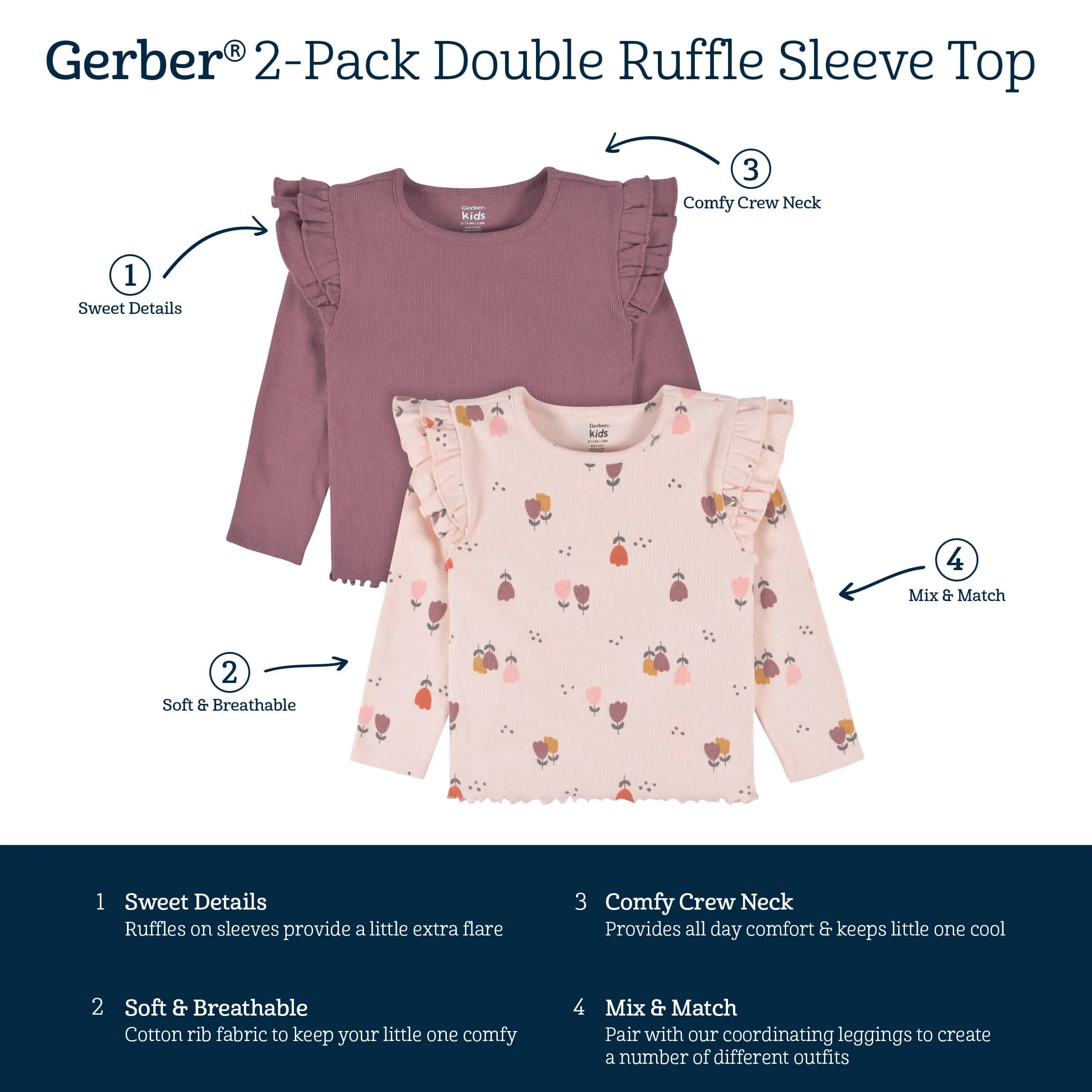 2-Pack Infant & Toddler Girls Burgundy Floral Double Ruffle Tops