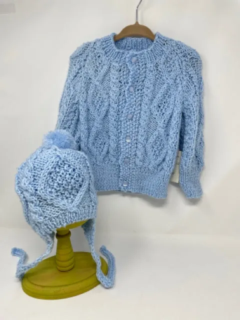 3 Y Light Blue Acrylic Knit Aran Cardigan & Hat