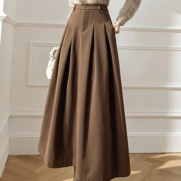 Accordian A Line High Waist Women's Long Woolen Skirt