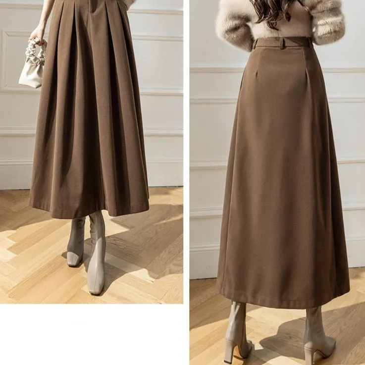 Accordian A Line High Waist Women's Long Woolen Skirt