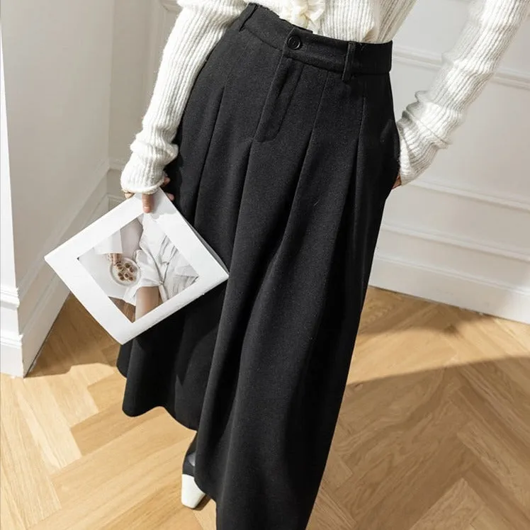 Accordian A Line High Waist Women's Long Woolen Skirt