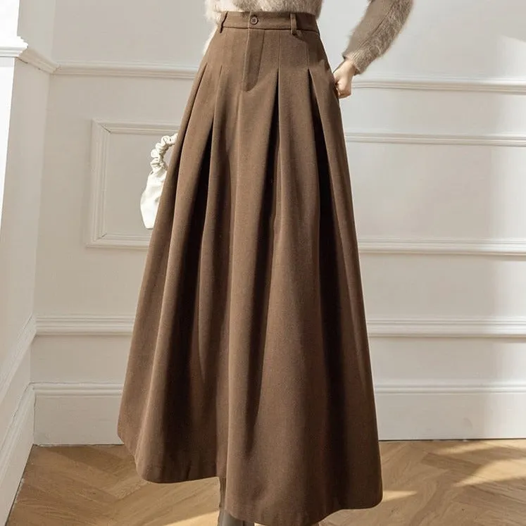 Accordian A Line High Waist Women's Long Woolen Skirt