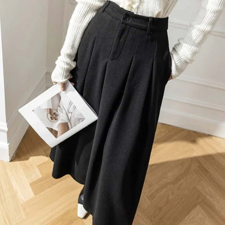 Accordian A Line High Waist Women's Long Woolen Skirt