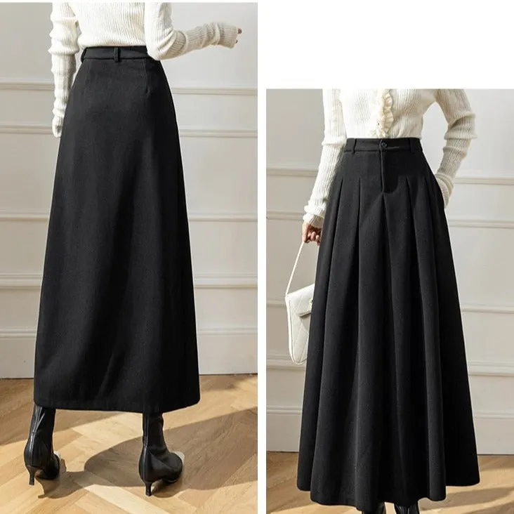 Accordian A Line High Waist Women's Long Woolen Skirt