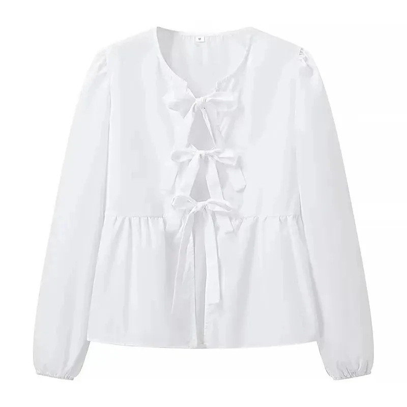 Advbridge  Summer Fashion Woman Bow Tied Lace Up Shirts Casual Puff Short Sleeves Blouse Elegant O-neck Ruffle Solid Color Tops