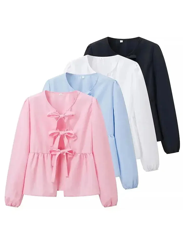 Advbridge  Summer Fashion Woman Bow Tied Lace Up Shirts Casual Puff Short Sleeves Blouse Elegant O-neck Ruffle Solid Color Tops