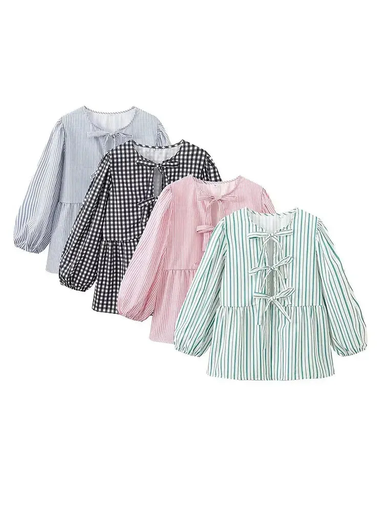 Advbridge  Summer Fashion Woman Bow Tied Lace Up Shirts Casual Puff Short Sleeves Blouse Elegant O-neck Ruffle Solid Color Tops