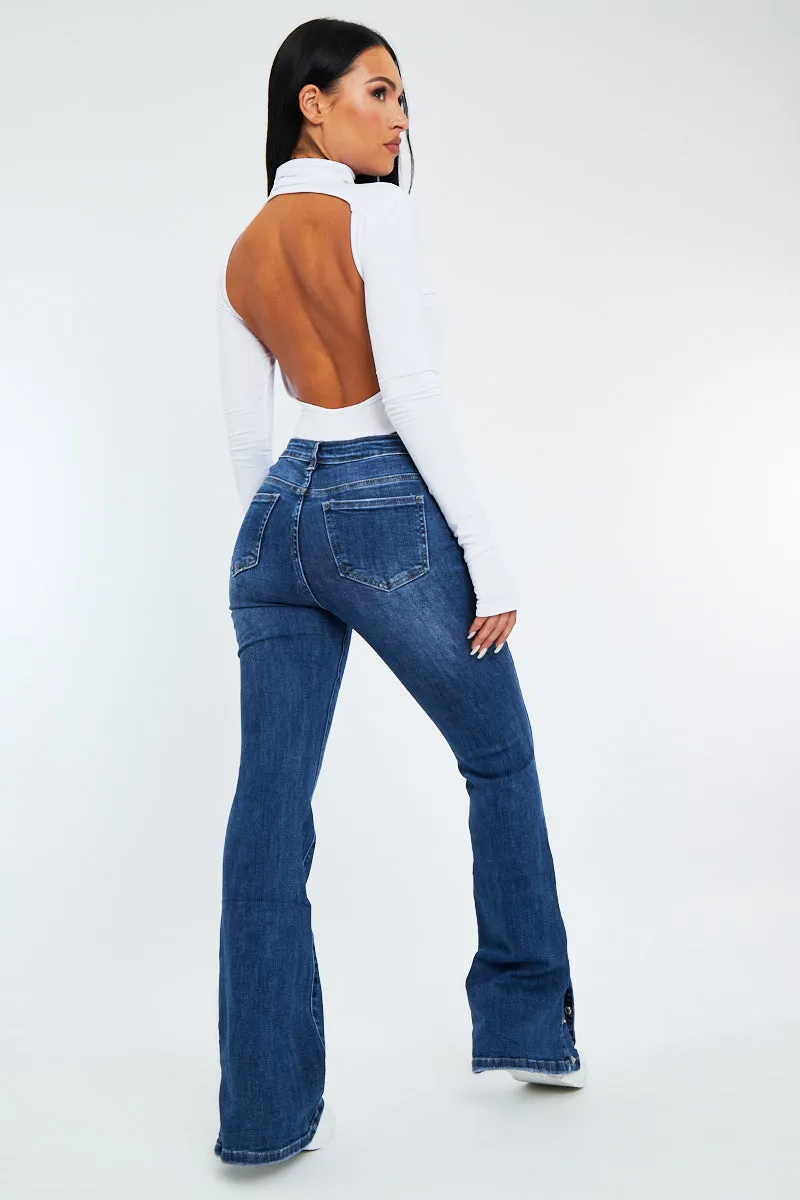 Blue High Waist Popper Flare Jeans - Asira