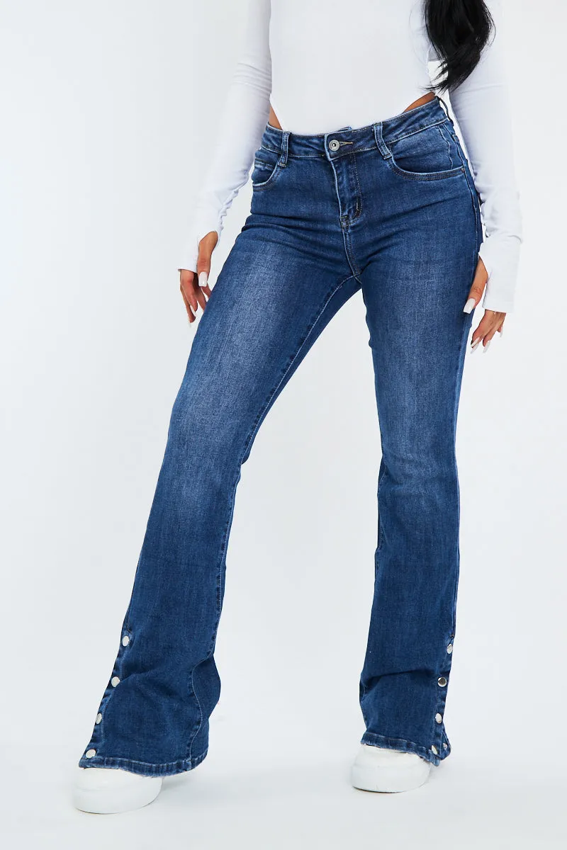 Blue High Waist Popper Flare Jeans - Asira