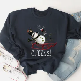 Cheers Tipsy Snowman Crewneck Sweatshirt Women's Indigo Blue or Navy Christmas or Winter Cozy Pullover Cute Cheers Snowman Sweatshirt