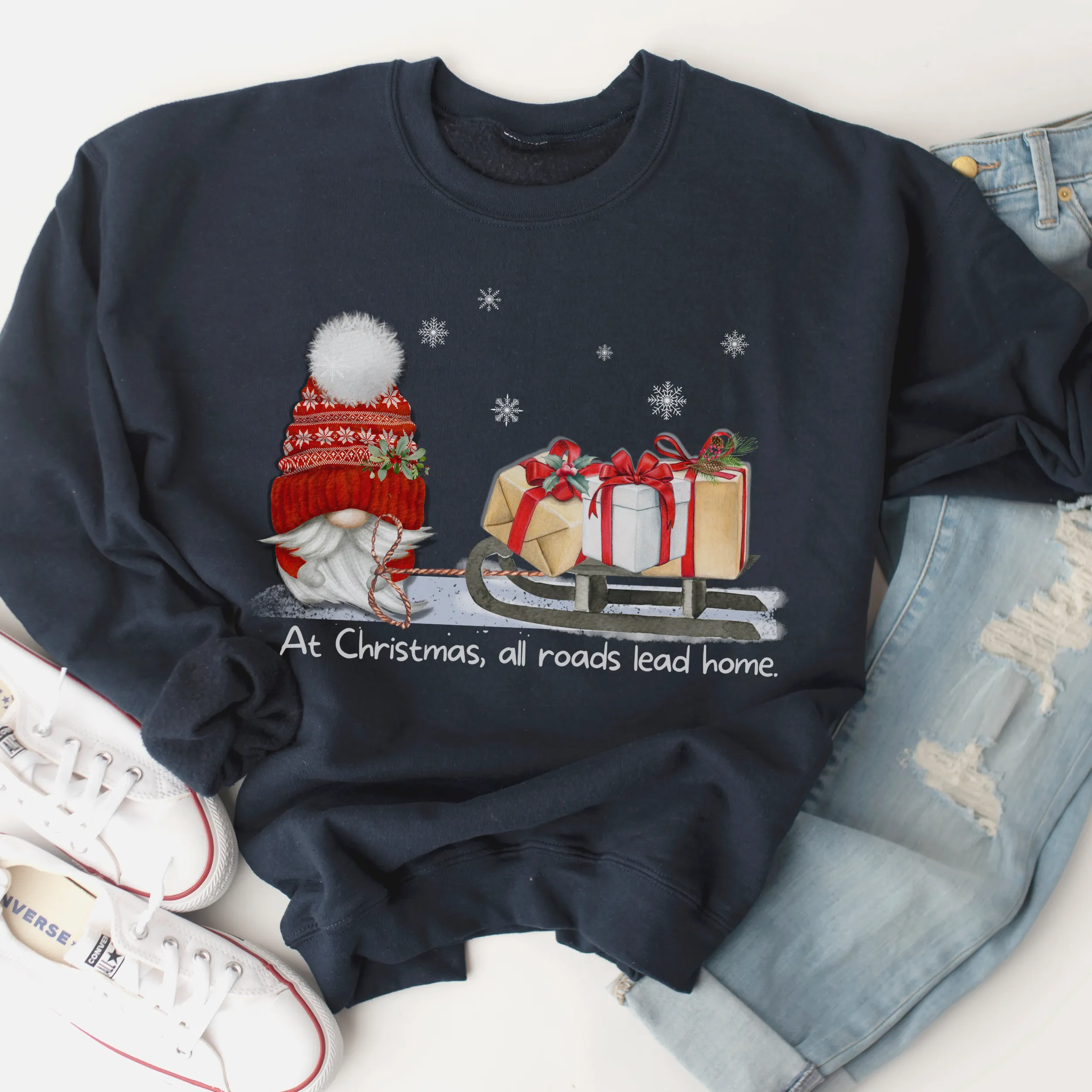 Christmas Gnome Crewneck Sweatshirt Women's Cozy Gildan® Winter Pullover At Christmas All Roads Lead Home Hand Drawn Gnome Lover Gift