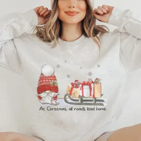 Christmas Gnome Crewneck Sweatshirt Women's Cozy Gildan® Winter Pullover At Christmas All Roads Lead Home Hand Drawn Gnome Lover Gift