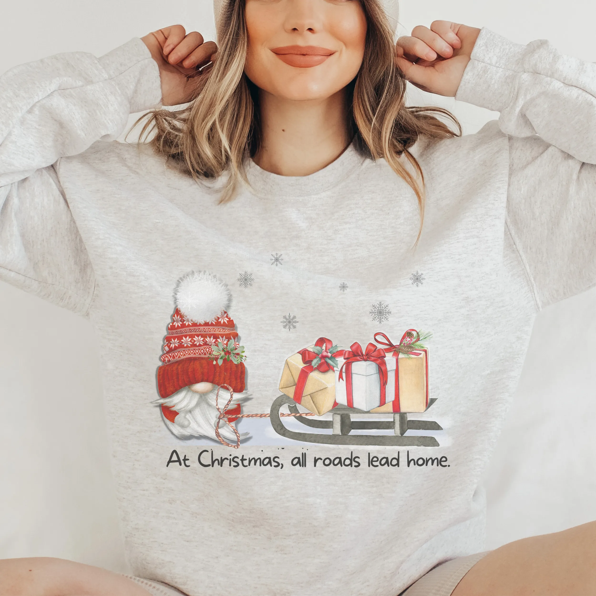 Christmas Gnome Crewneck Sweatshirt Women's Cozy Gildan® Winter Pullover At Christmas All Roads Lead Home Hand Drawn Gnome Lover Gift