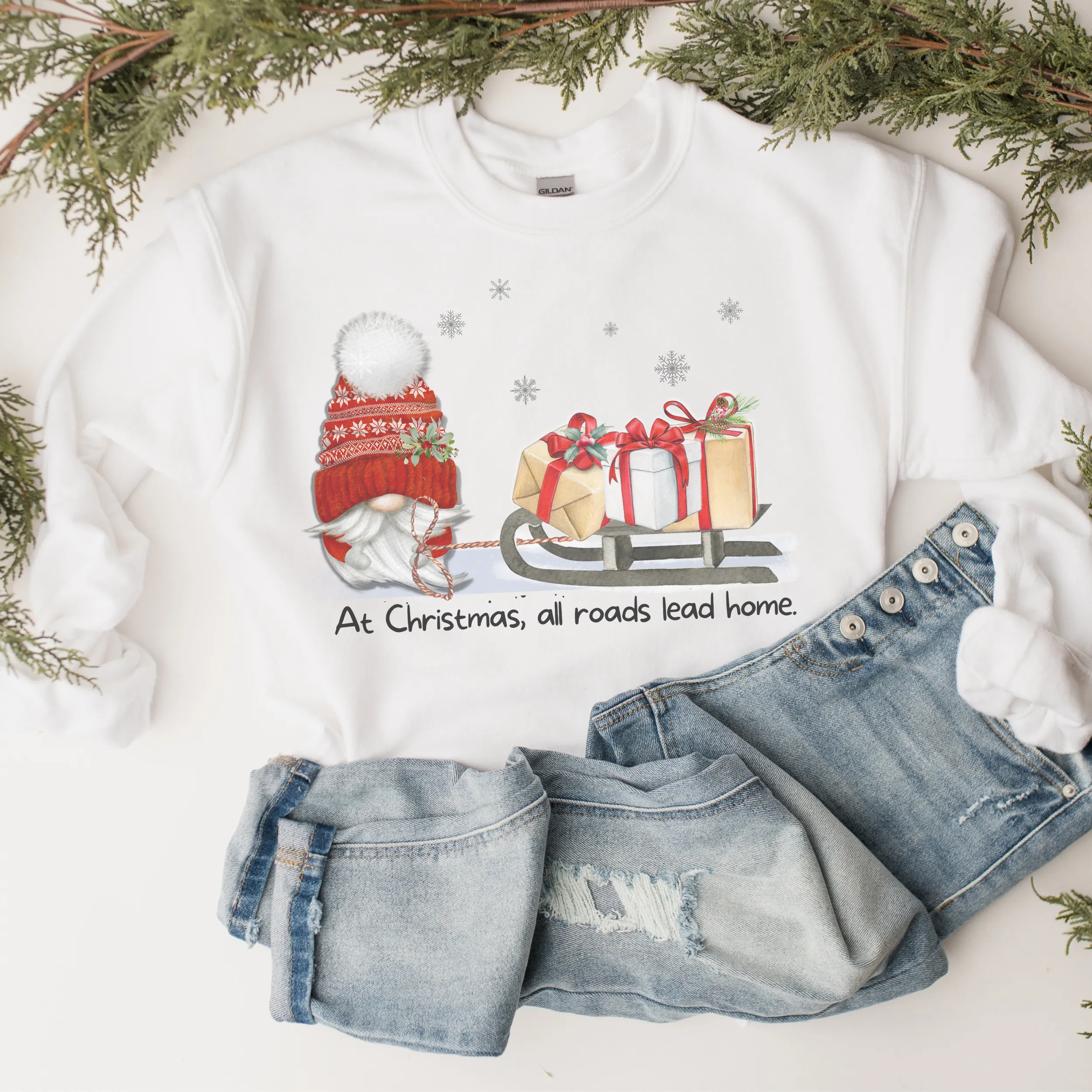 Christmas Gnome Crewneck Sweatshirt Women's Cozy Gildan® Winter Pullover At Christmas All Roads Lead Home Hand Drawn Gnome Lover Gift