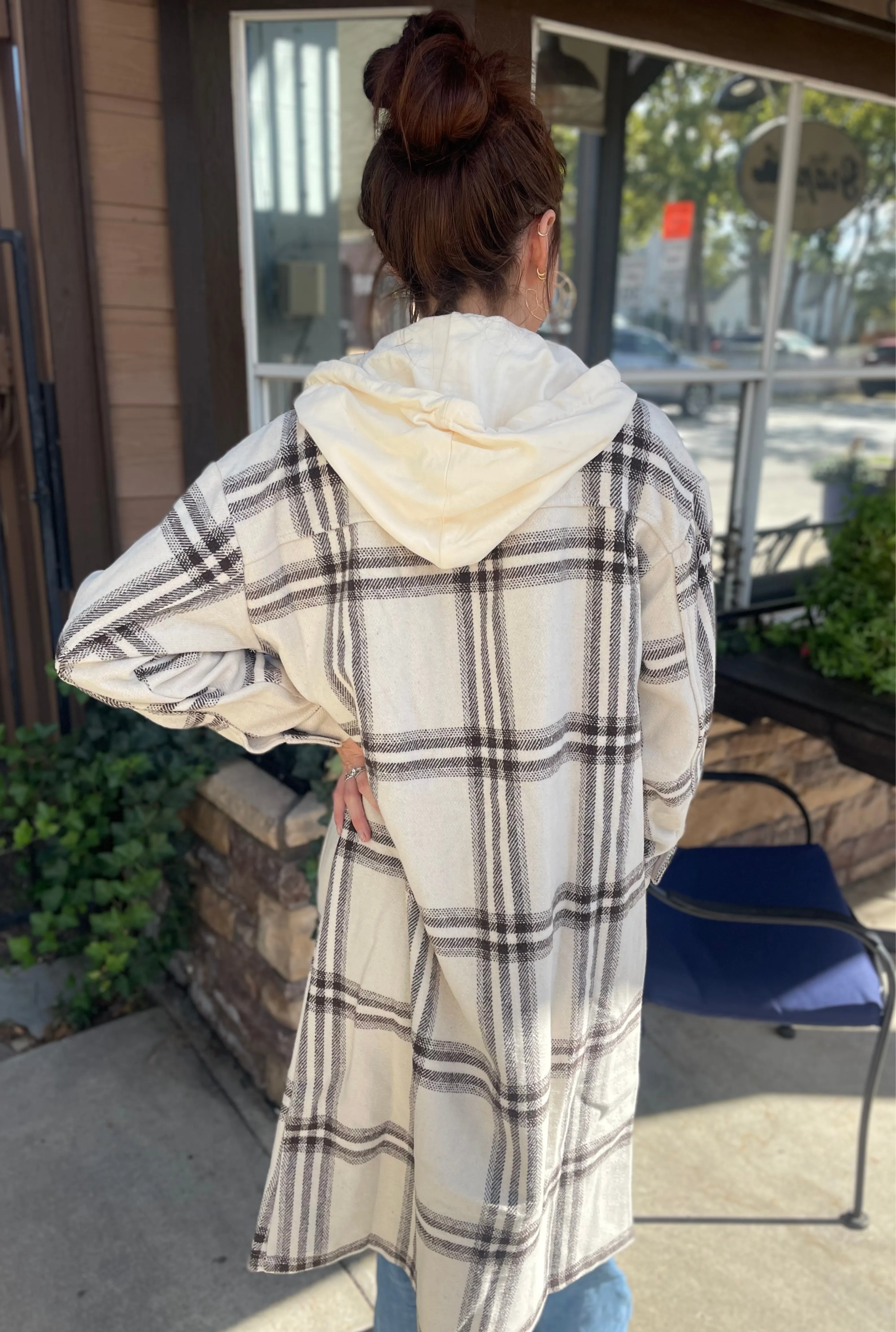 CREAM HOODIE PLAID JACKET