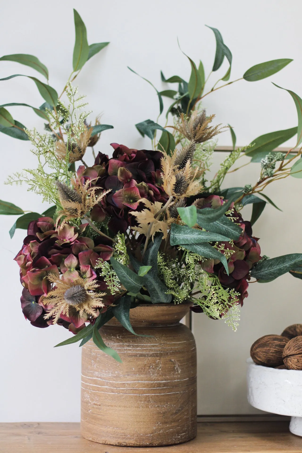 Faux Autumn Fig Hydrangea and Thistle Arrangement