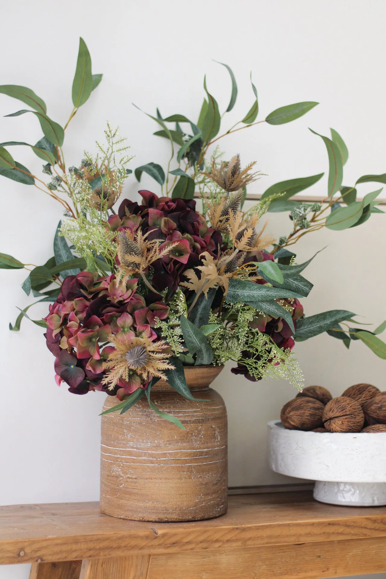 Faux Autumn Fig Hydrangea and Thistle Arrangement