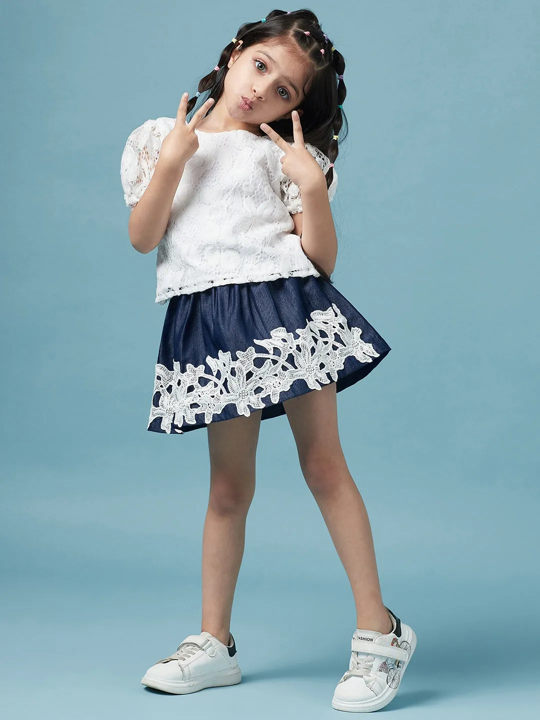 Girls Self Design Round Neck Top With Skirt