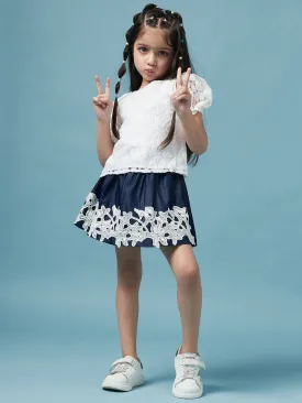 Girls Self Design Round Neck Top With Skirt