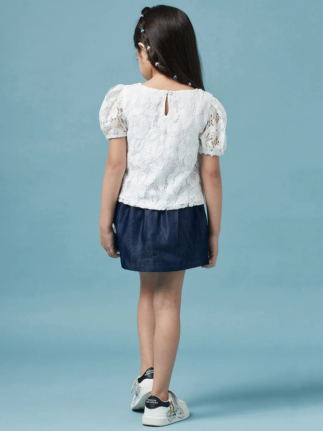 Girls Self Design Round Neck Top With Skirt