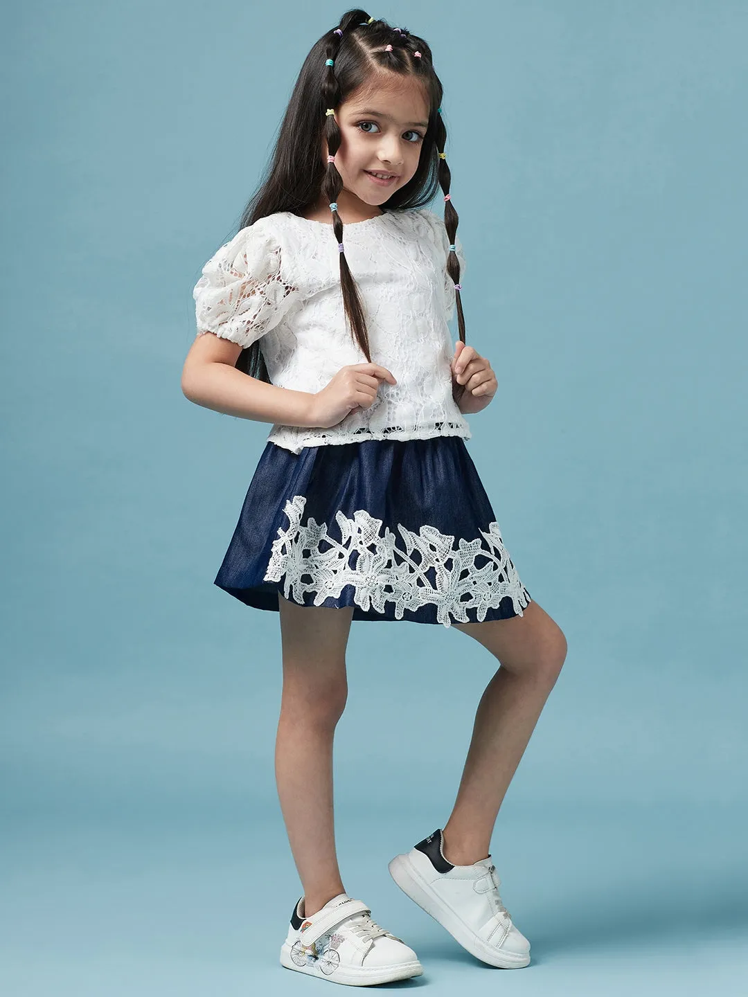 Girls Self Design Round Neck Top With Skirt