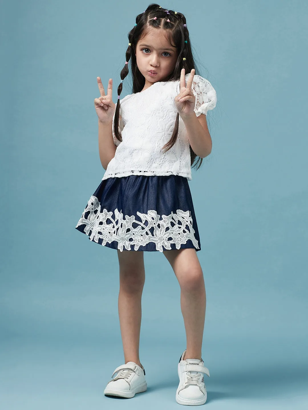 Girls Self Design Round Neck Top With Skirt