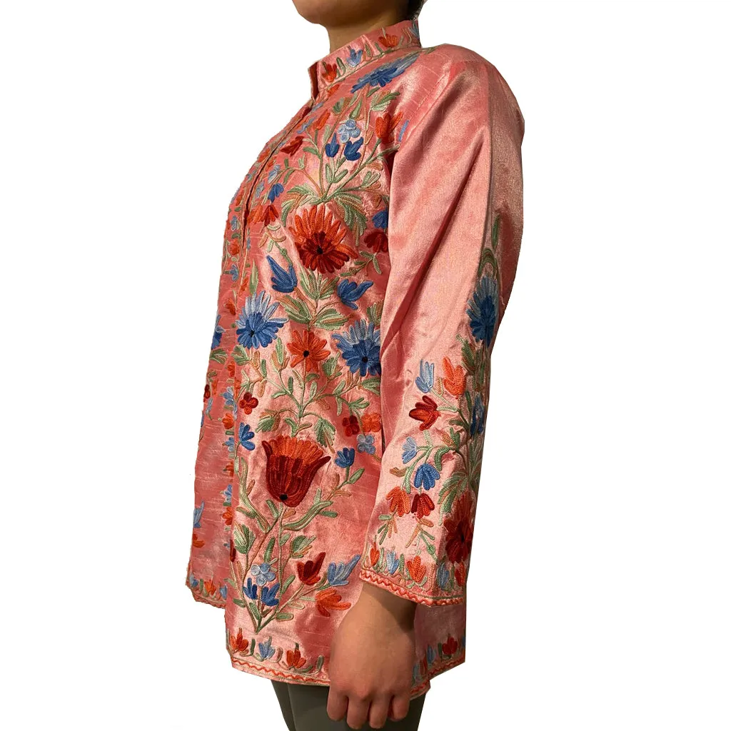 Gulabi Phool Floral Bamboo Silk Embroidered Jacket