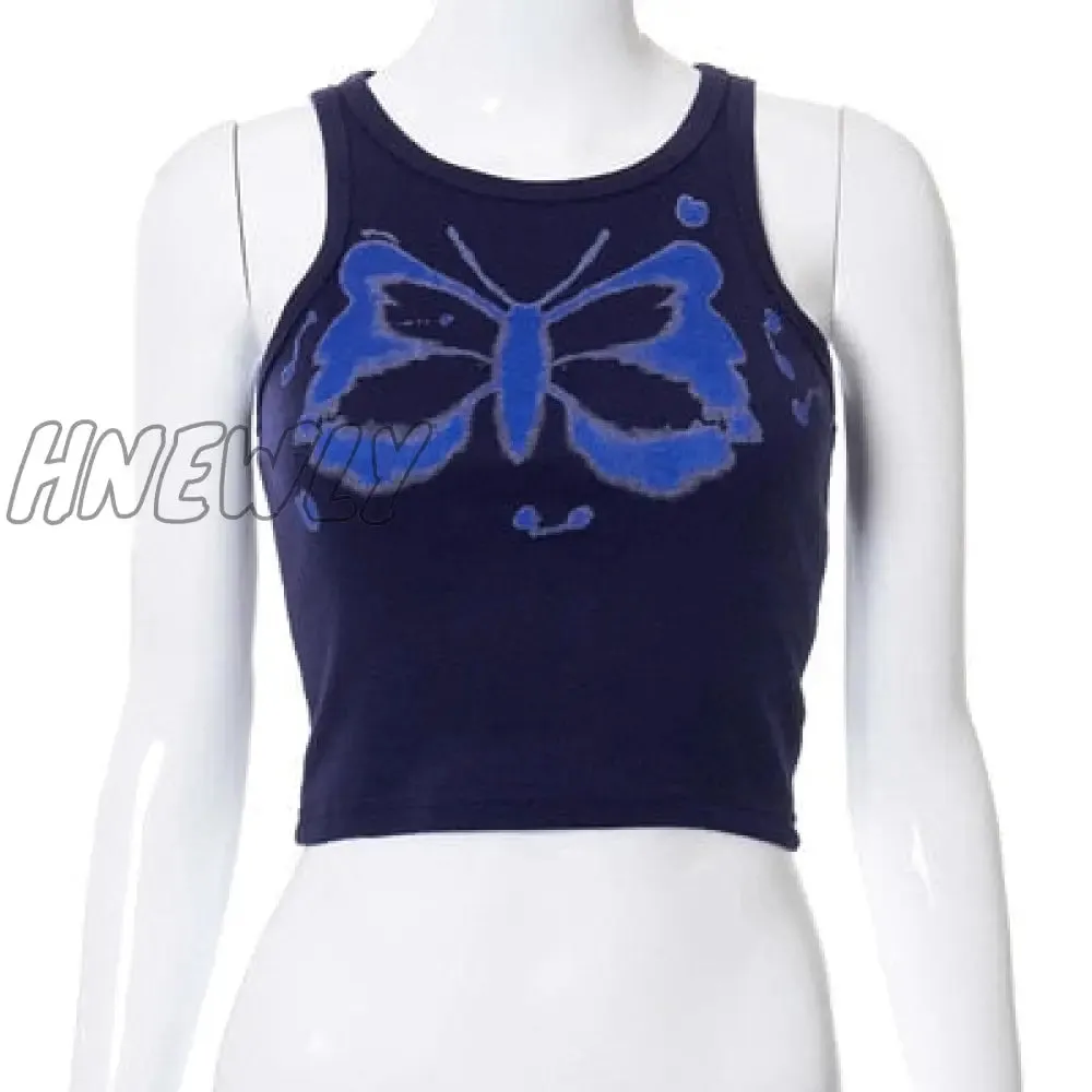 Hnewly Y2K Aesthetics Kawaii Butterfly Print Brown Crop Tops Indie Streetwear O-neck Sleeveless Tanks 90s Fashion Party Vests