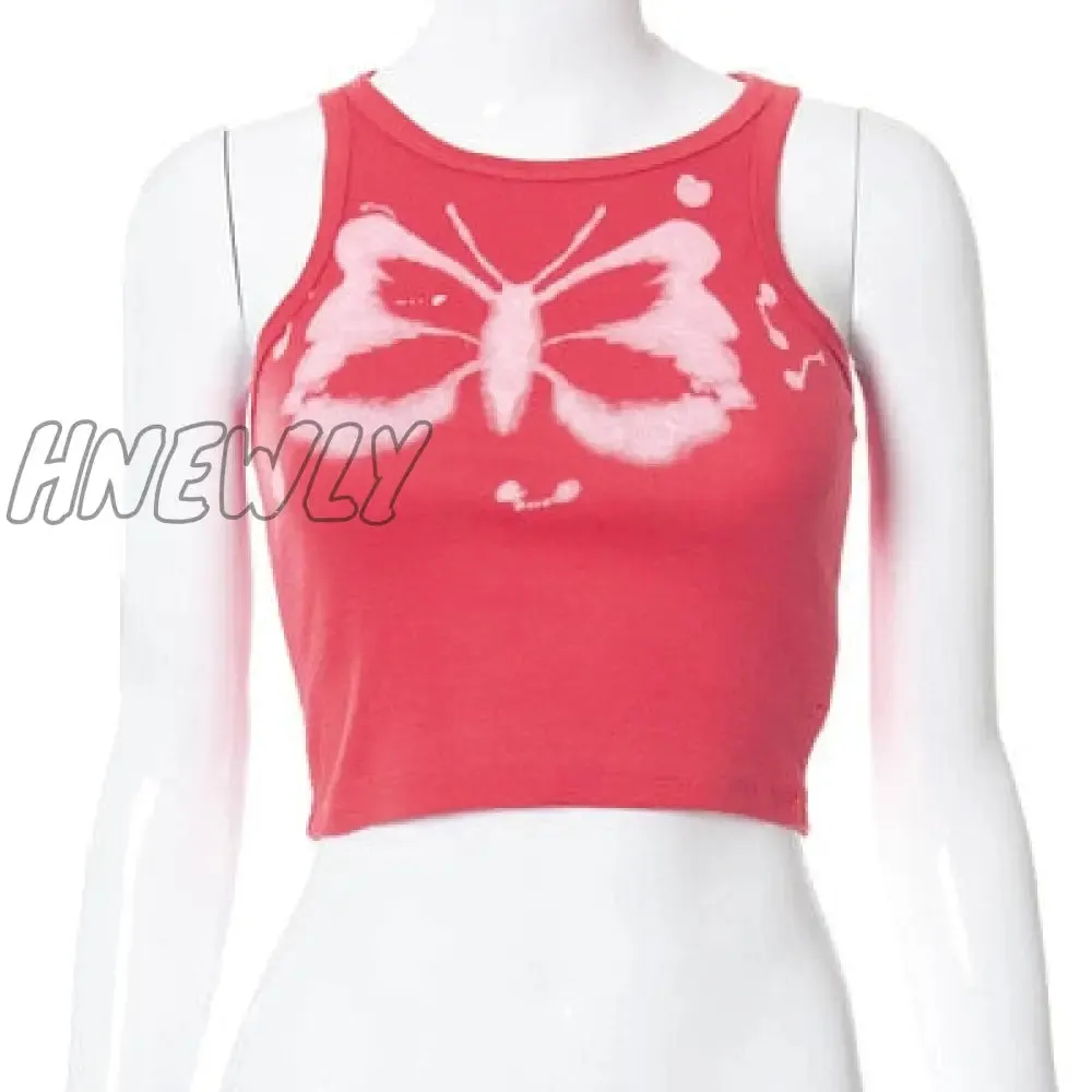 Hnewly Y2K Aesthetics Kawaii Butterfly Print Brown Crop Tops Indie Streetwear O-neck Sleeveless Tanks 90s Fashion Party Vests