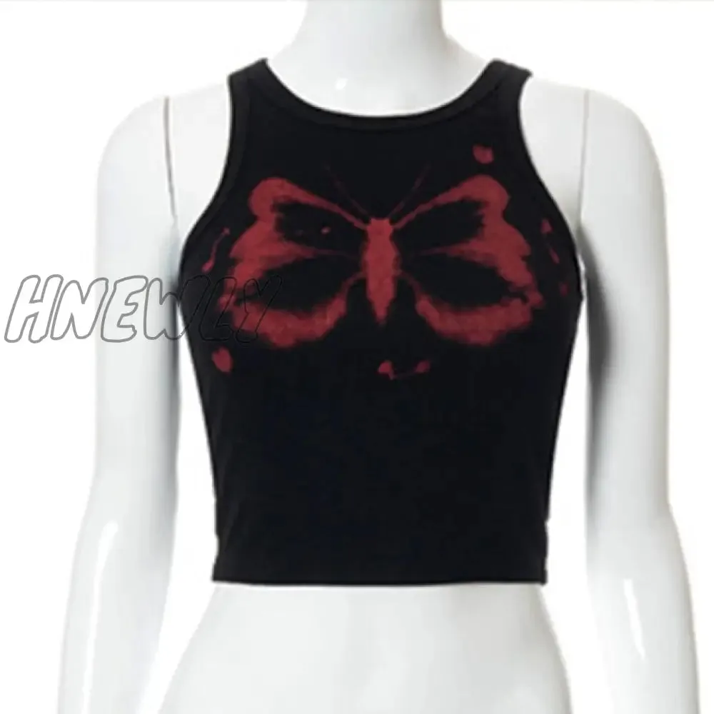 Hnewly Y2K Aesthetics Kawaii Butterfly Print Brown Crop Tops Indie Streetwear O-neck Sleeveless Tanks 90s Fashion Party Vests