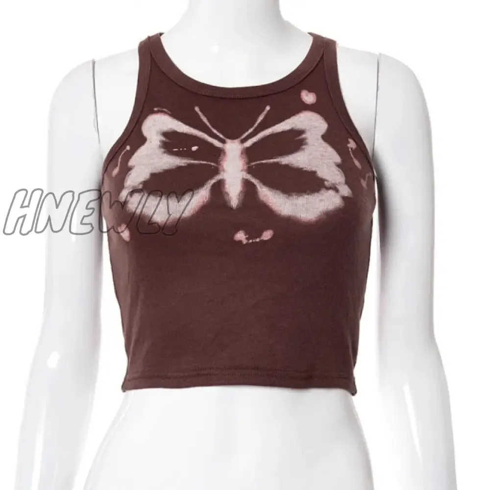 Hnewly Y2K Aesthetics Kawaii Butterfly Print Brown Crop Tops Indie Streetwear O-neck Sleeveless Tanks 90s Fashion Party Vests