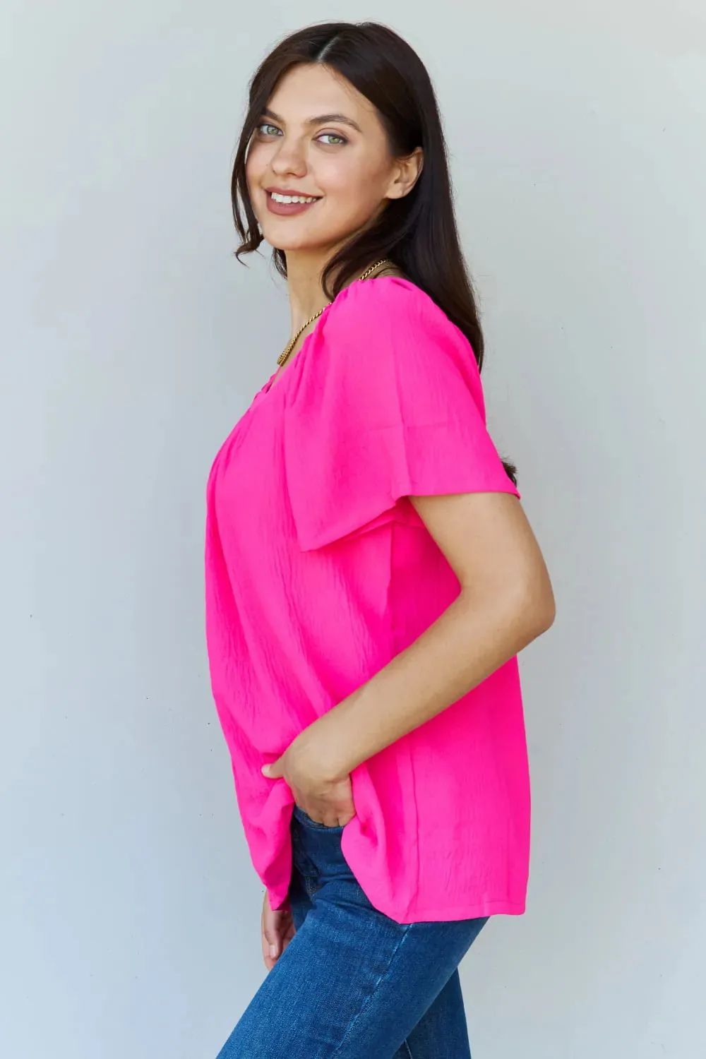 Keep Me Close Square Neck Short Sleeve Blouse in Fuchsia