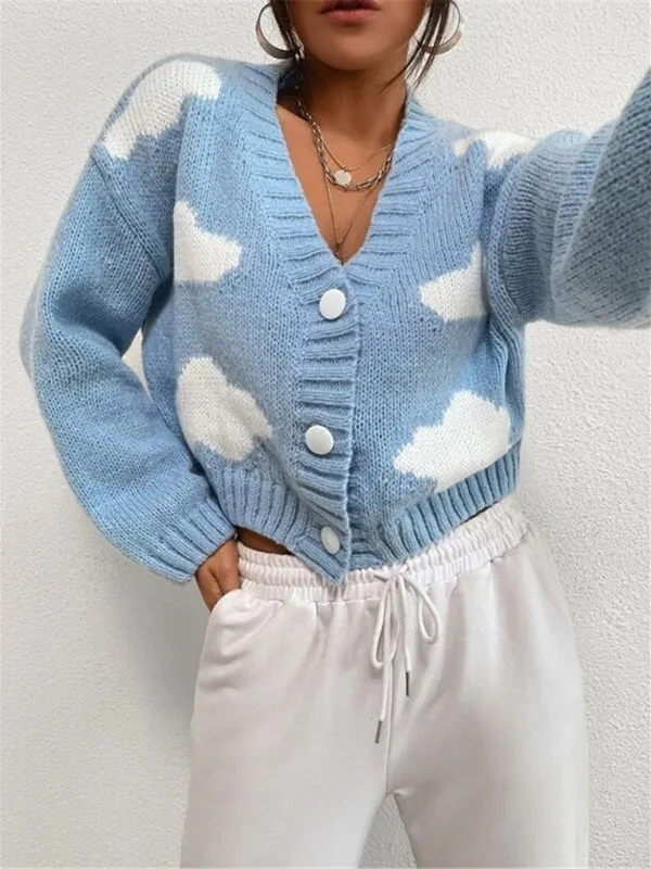 Loose V-neck cloud drop shoulder knitted cardigan three-button sweater short coat