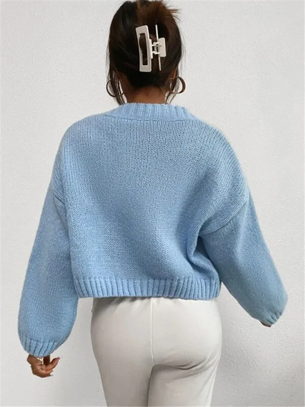 Loose V-neck cloud drop shoulder knitted cardigan three-button sweater short coat