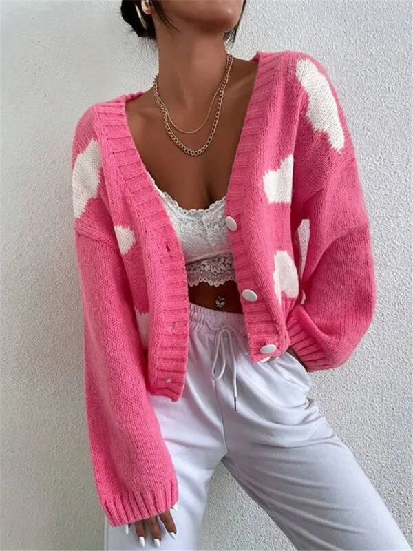 Loose V-neck cloud drop shoulder knitted cardigan three-button sweater short coat