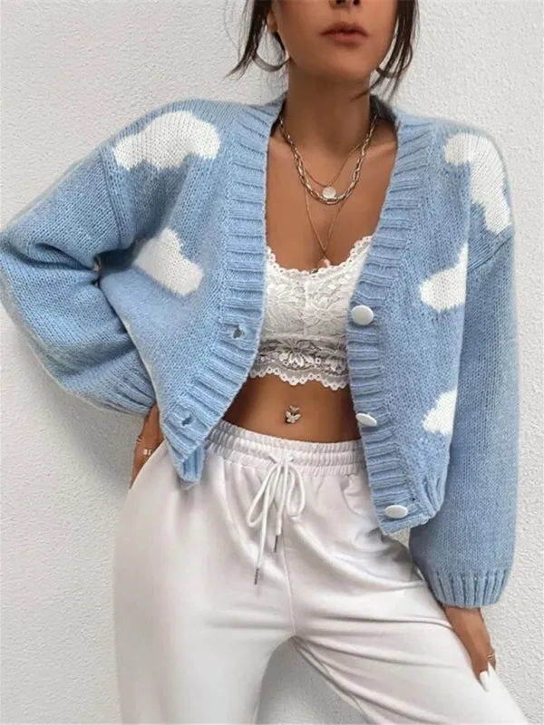 Loose V-neck cloud drop shoulder knitted cardigan three-button sweater short coat