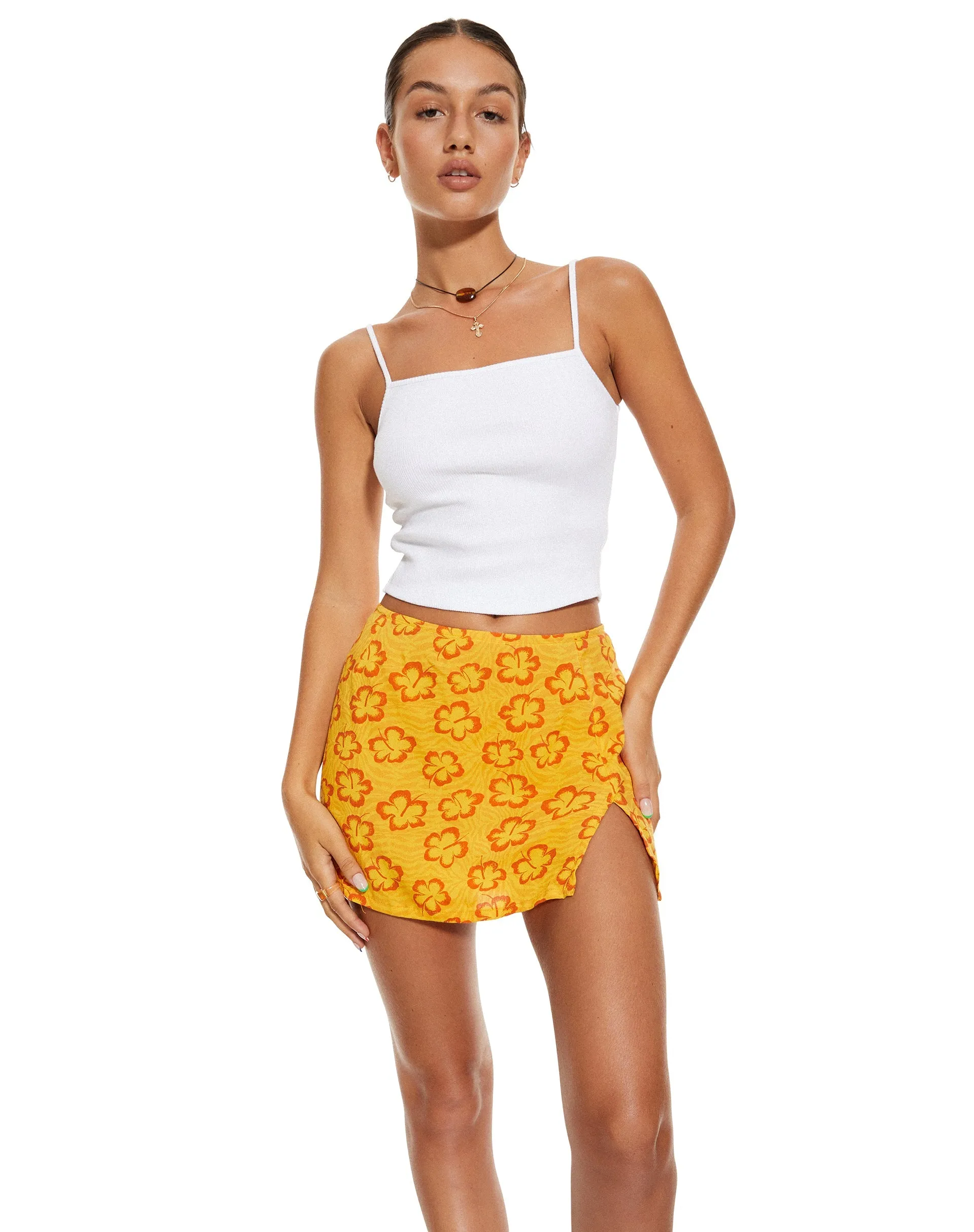 MOTEL X BARBARA Shema Mini Skirt in Hibiscus Zebra Orange