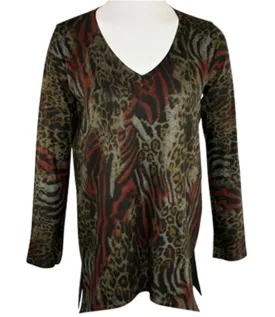 Nally & Millie- Jungle Scene, V-Neck, Long Sleeve, Animal Print Hi-Low Tunic