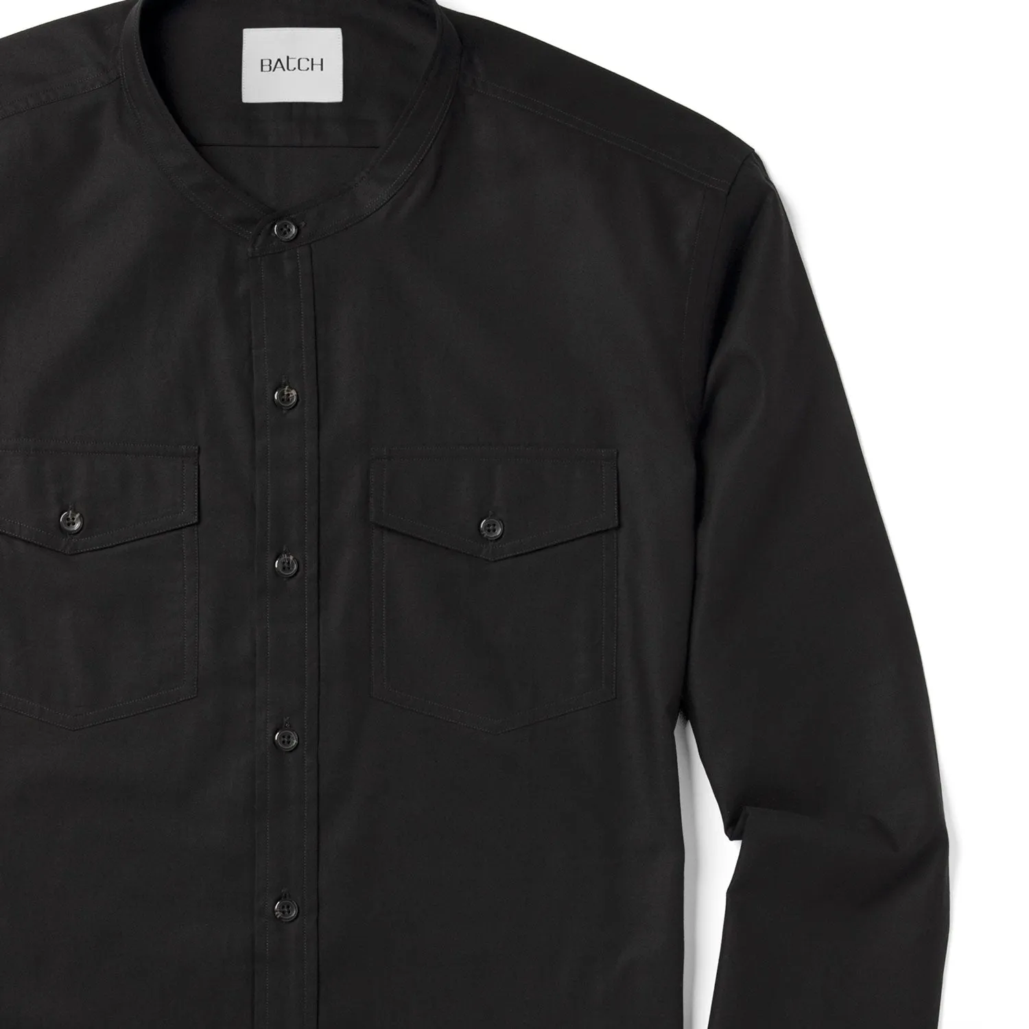 Pioneer Band Collar Utility Shirt – Black Mercerized Cotton