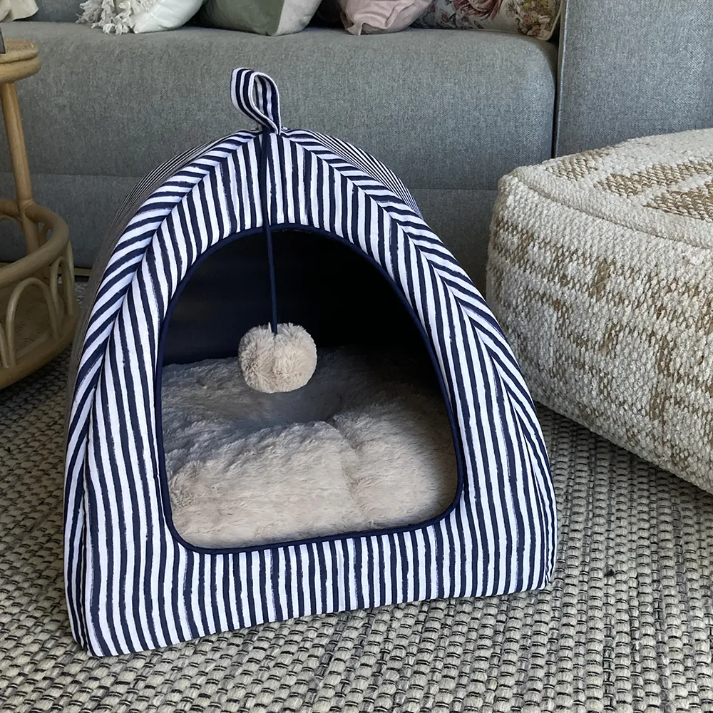 SAMPLE SALE: Printed Painterly Navy/White Stripe Pet Igloo