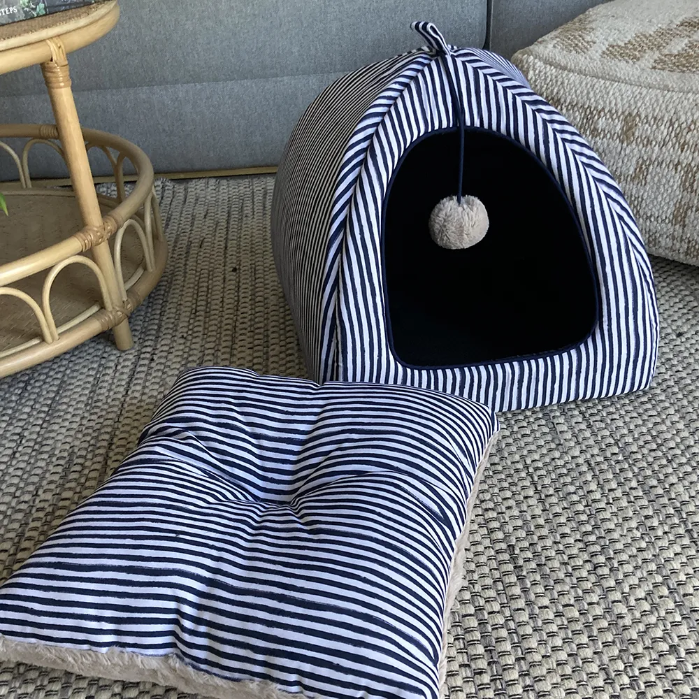 SAMPLE SALE: Printed Painterly Navy/White Stripe Pet Igloo