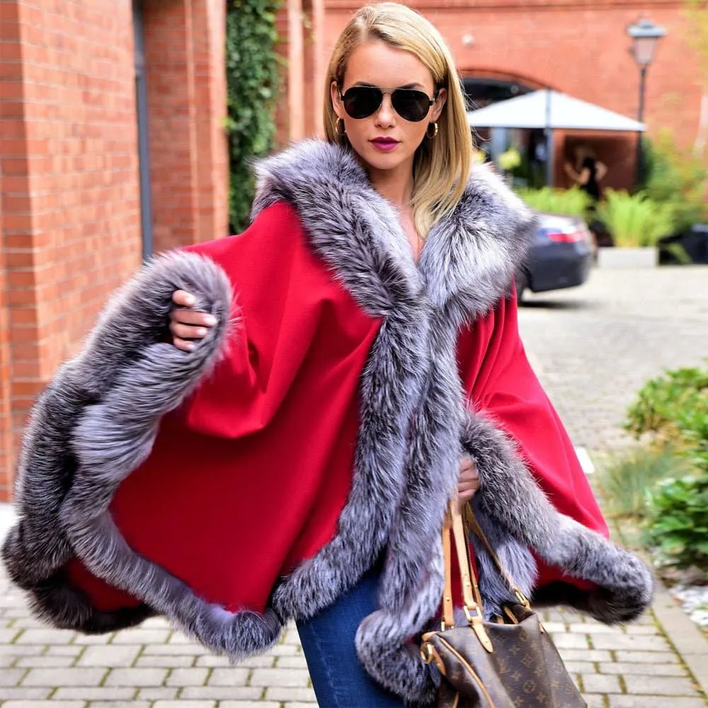 Silver Fox Fur Trimmed Cape - Luxurious Fashion-Forward Design