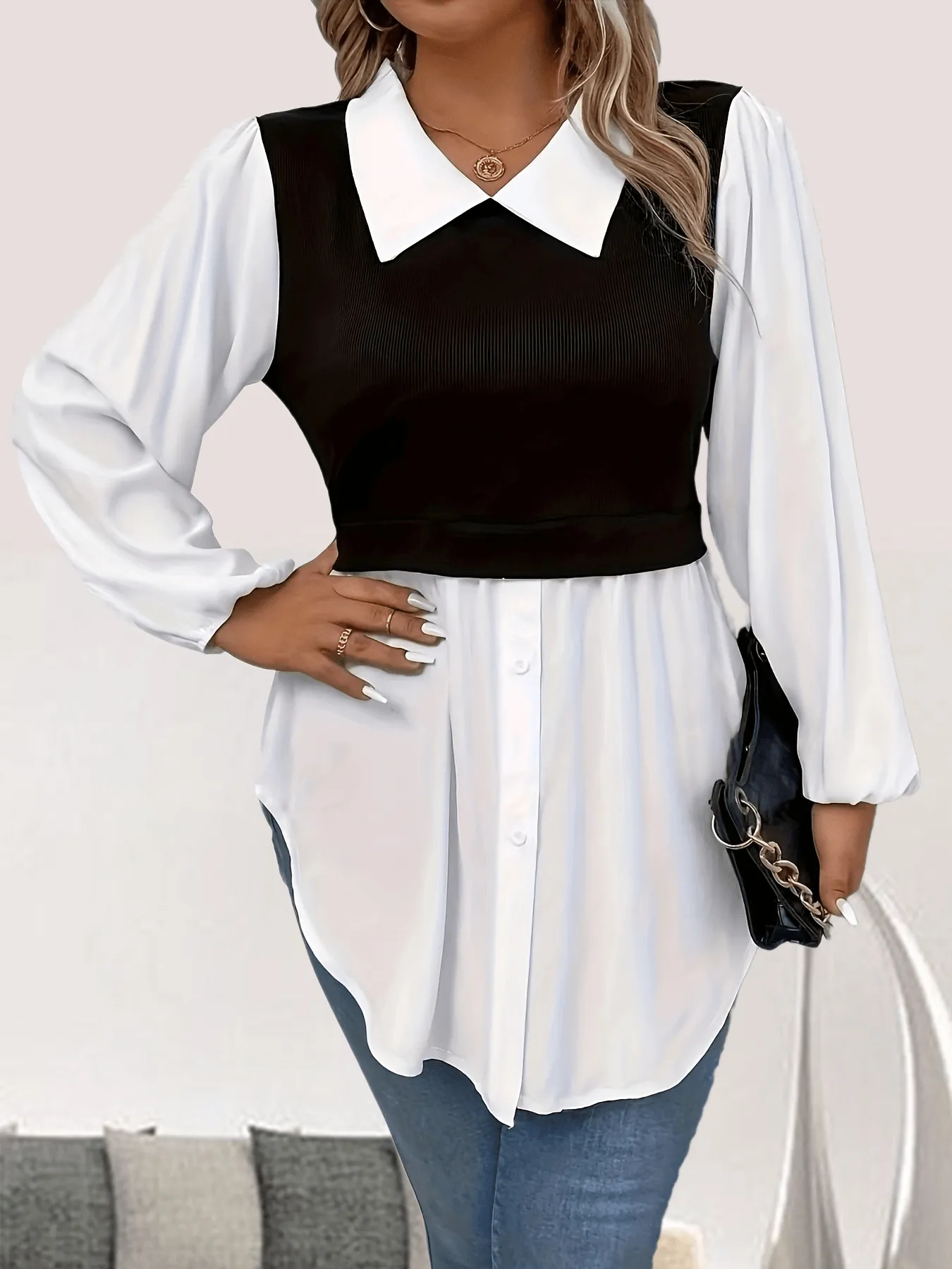 Stylish Plus Size Colorblock Blouse Perfect for Spring and Fall