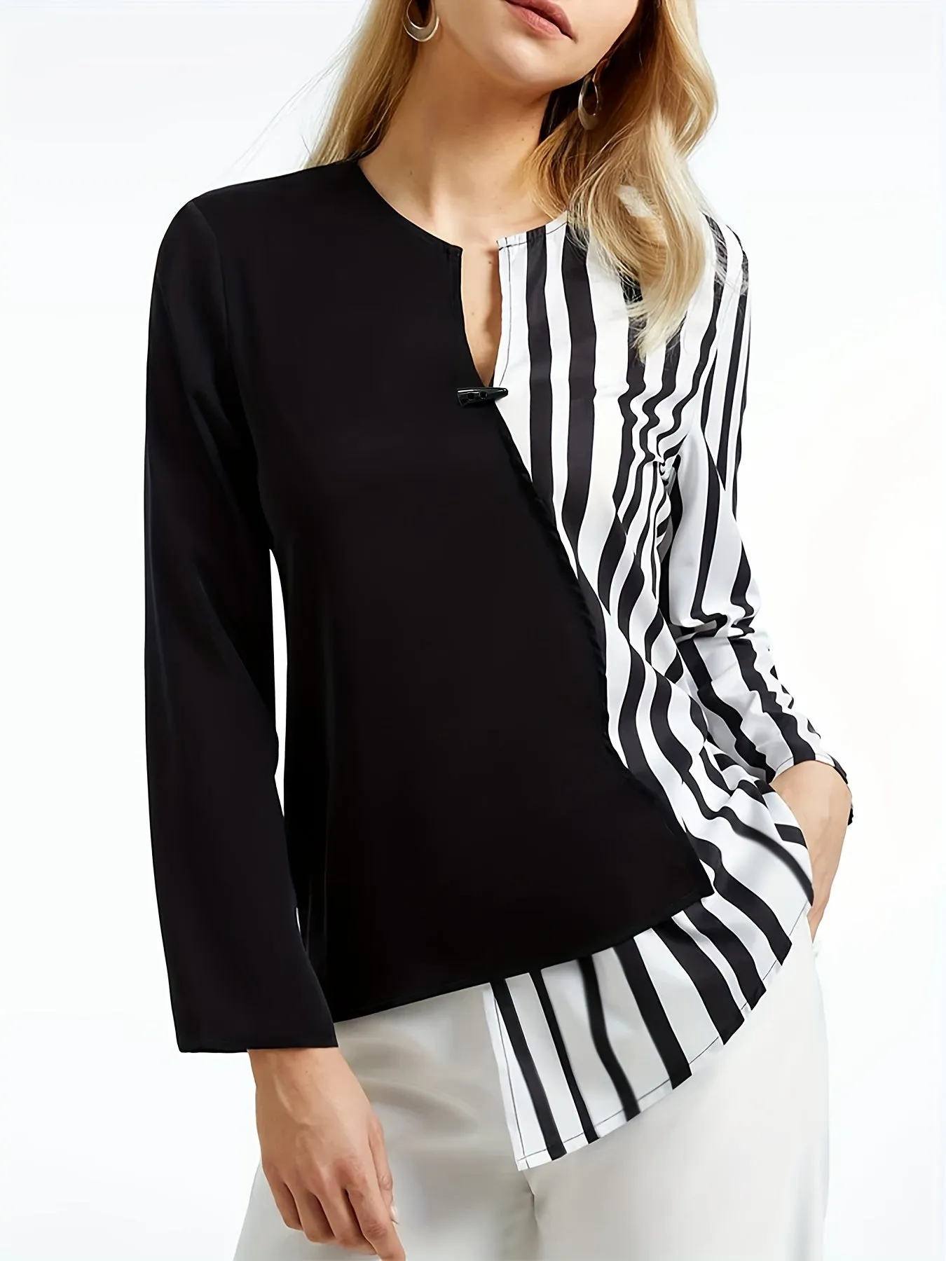 Stylish Plus Size Colorblock Striped Blouse with Horn Buttons