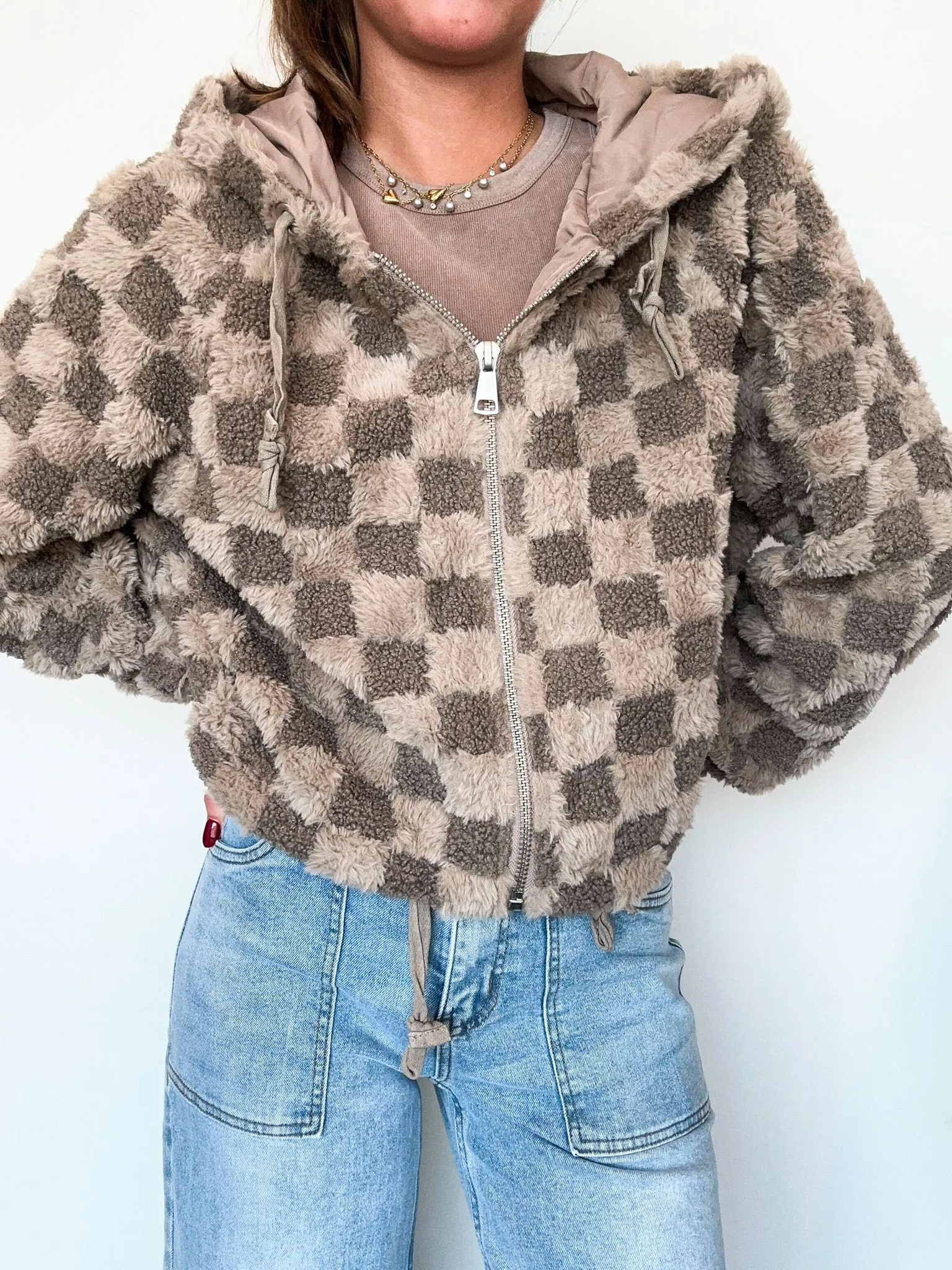 Teddy Checkered Fur Hoodie- Mocha