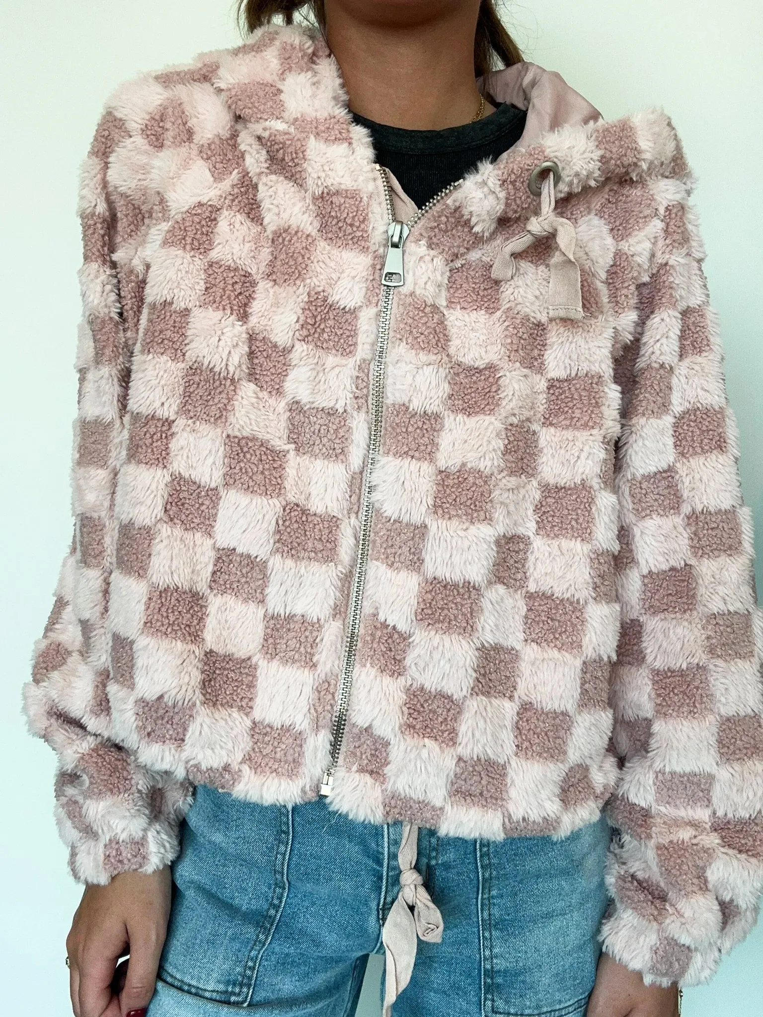 Teddy Checkered Fur Hoodie- Pink