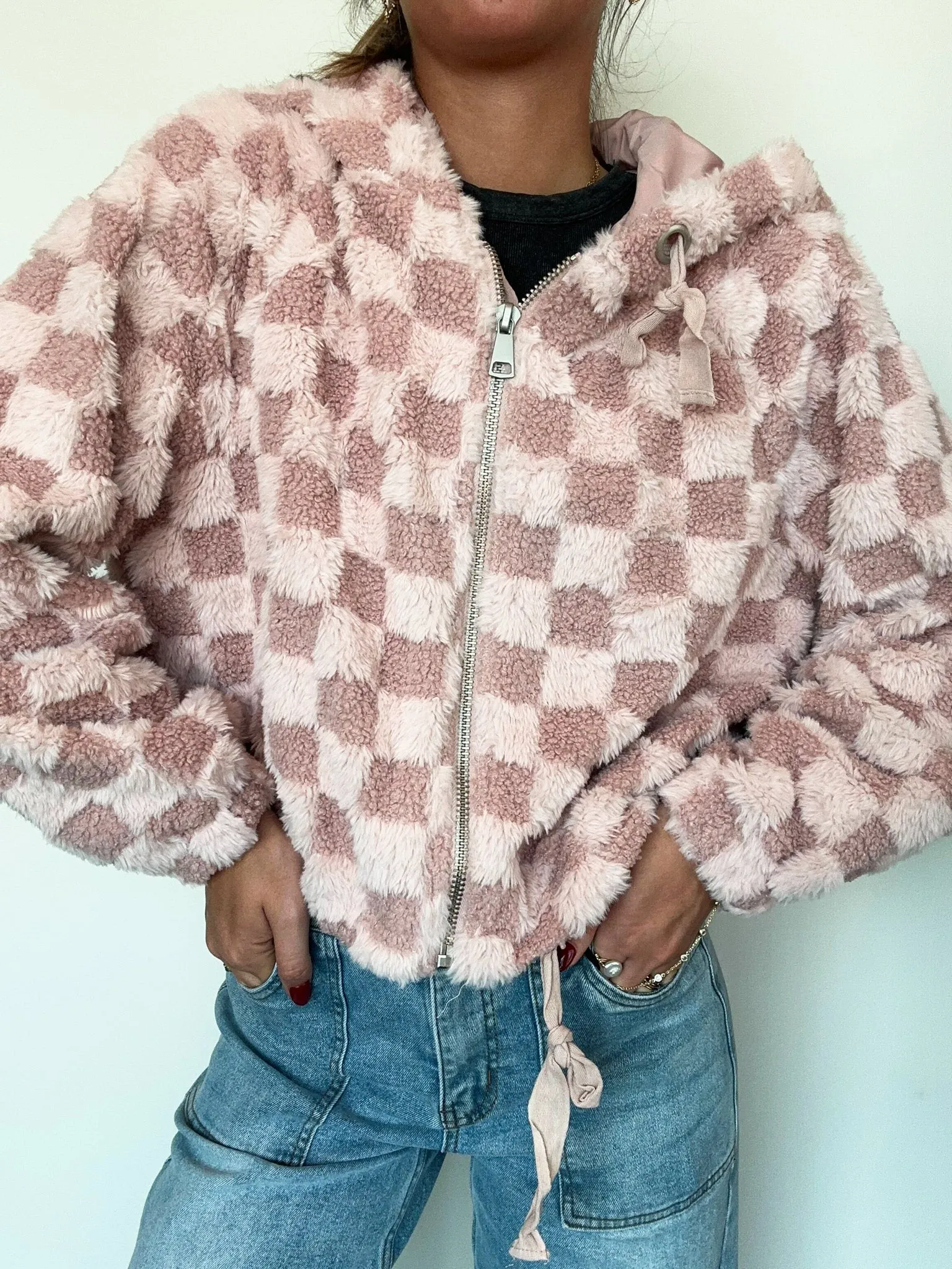 Teddy Checkered Fur Hoodie- Pink