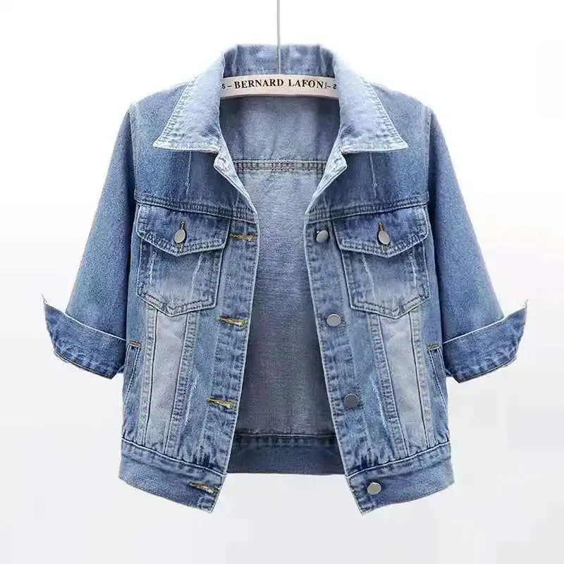 Trendy Denim Half Sleeve Crop Jacket