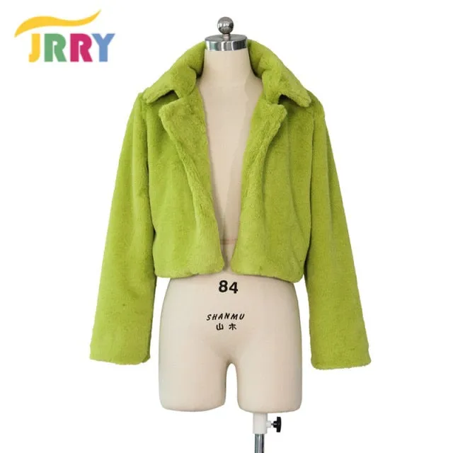 Trendy Fashion Faux Fur Cropped  Coat With Open Stitch.