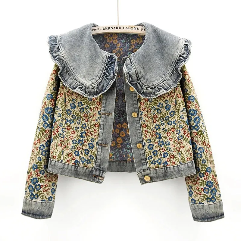 Trendy Floral Denim Bib Jacket